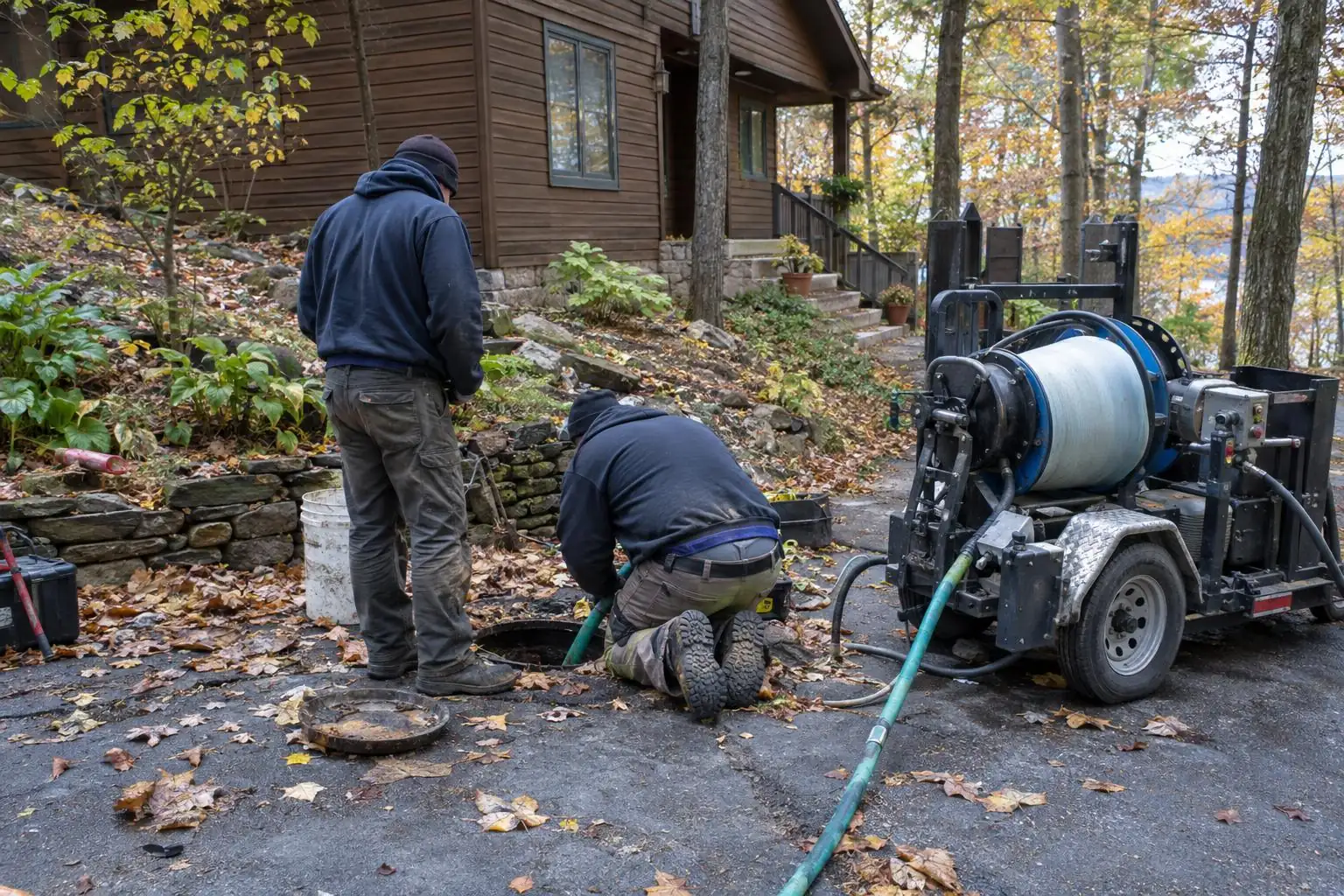 Two workers kneeling at a sewer cleanout on a leaf-covered driveway beside a pipe lining trailer with a resin drum