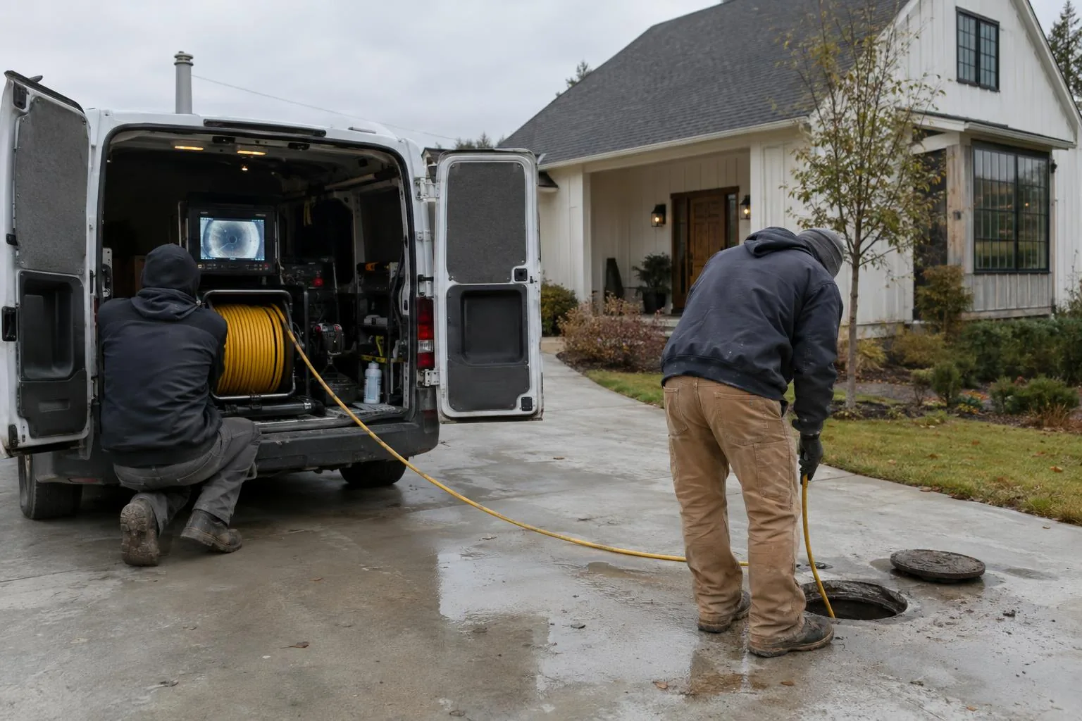Two workers beside an open white van with a camera monitor, one crouched, the other feeding a yellow cable into a cleanout on a wet driveway